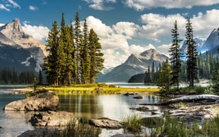 Картинка Maligne Lake, Канада горы, пейзаж, Альберта, Jasper National Park, Остров Духа, Национальный парк Джаспер, Spirit Island, небо, Озеро Малинье