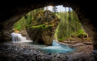 Картинка пещера, водопад, лес, деревья, поток