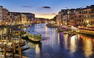 Картинка Venice, дома, гранд канал, огни, закат, Italy, лодки