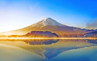 Картинка Фудзи гора, восход, гладкая вода, утро, озеро