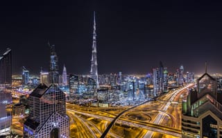 Картинка Дубай, Небоскребы, Дома, ночные города, Dubai from Taj Dubai, Ночь, Дороги, ОАЭ