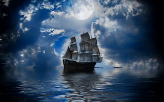 Картинка море, луна, корабль, парусник, небо, облака