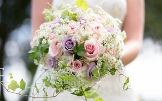 Картинка невеста, цветы, свадебное платье, женщина, разноцветные розы, девушки, букет