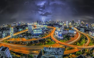 Картинка бангкок, здания, пейзажи, облака, городской пейзаж, ночь, молнии, город, Таиланд