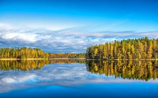 Картинка Finland, природа, лес, озеро, пейзаж, отражение, деревья, осень, небо