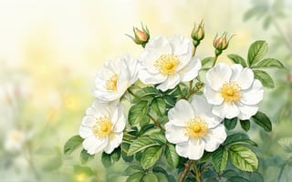 Картинка шиповник, белые цветы, рисунок растений, цветы с жёлтыми тычинками, цветущий куст, 16:9, флора, 1920х1080, HD, акварельная техника, рабочий стол, 4k, зелёные листья, зелень, растительный орнамент, ботаника, эстетика природы, природная эстетика, бутоны, ИИ, ботаническая иллюстрация, цветочная композиция, нежные лепестки, садовый шиповник, летний пейзаж, ботанический арт, жёлтые сердцевины, природная гармония, цветение, 2k, нейросеть, иллюстрация растений, белый шиповник, цветочный рисунок