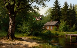 Картинка пейзаж, деревня, деревянный дом, рабочий стол, тишина, лес, прибрежная зона, изба, мостик, тени, летний день, сельская местность, спокойствие, зелень, 1920х1080, 16:9, ИИ, дуб, пруд, отражение, лето, утка, деревенская идиллия, вода, естественная красота, солнечный свет, нейросеть, сельская архитектура, HD, хвойный лес, ели, 4k, полёт, природа, деревенский быт, 2k, природа России, умиротворение