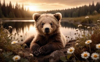 Картинка медвежонок, природа, ромашки, идиллия, дикая фауна, рабочий стол, дикая природа, нейросеть, летний закат, гармония, озеро, отражение, умиротворение, дикая красота, закат, флора, медвежья семья, животные, солнечный свет, лесной пейзаж, вода, красота природы, полевые цветы, фауна, спокойствие, HD, природная сцена, ИИ, 4k, лес, вечер, детство природы, хвойный лес, 16:9, зверь, 2k, 1920х1080