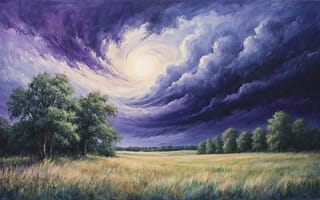 Картинка пейзаж, гроза, луг, драматизм, буря, простор, контраст, предгрозовой пейзаж, ИИ, 4k, вихрь, небо, нейросеть, рабочий стол, реализм, напряжение, кружение облаков, стихия, ландшафт, фиолетовые тучи, трава, грозовой фронт, поле, 16:9, художественная сцена, холст, деревья, картина, облака, закатные тона, HD, масло, 2k, сельская местность, зелень, атмосферность, природа, 1920х1080