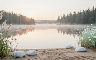 Картинка озеро, туман, дымка, рабочий стол, 16:9, свежесть, спокойствие, вода, флора, нейросеть, камни, утренний пейзаж, 2k, идиллия, прибрежная зона, зелень, цветочная поляна, цветочная композиция, HD, умиротворение, дикая природа, тишина, песок, ИИ, 1920х1080