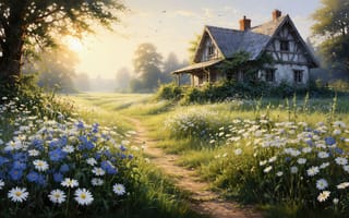 Картинка домик, деревня, небо, лето, природа, тропинка, цветы, солнце, нейросеть, сельский пейзаж, ИИ, трава, коттедж в лесу, рассвет, облака, загород, красота природы, васильки, луг, 2k, дом, ромашки, рабочий стол, HD, уют, поле, идилия, гармония, 4k, 1920х1080, полевые цветы, коттедж, лес, деревенская жизнь, деревья, зелень, спокойствие, 16:9