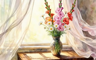 Картинка натюрморт, цветы в вазе, ИИ, свет и тень, гладиолусы, полевые цветы, полупрозрачные шторы, окно, рабочий стол, нейросеть, стеклянная ваза, спокойствие, 1920х1080, природа в доме, солнечный свет, шторы, ромашки, умиротворение, домашний уют, декор, свет, 4k, лёгкие шторы, букет, интерьер, теплота, подоконник, утренний свет, эстетика, романтика, композиция, 2k, художественная сцена, акварельная атмосфера, ваза, утро, 16:9, HD