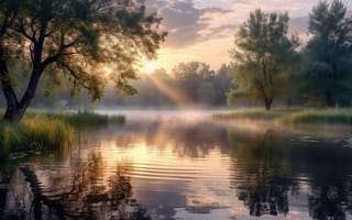 Картинка рассвет, природа, тишина, трава, красота, лес, берег, деревья, зеркальная поверхность, вода, небо, ИИ, солнце, лучи, HD, свежесть, туман, спокойствие, природный ландшафт, пейзаж, отражение, свет, нейросеть, гладь, зелень, 16:9, 1920х1080, растительность