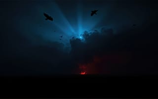 Картинка ночь, небо, ночная эстетика, горизонт, небесный пейзаж, мистика, птицы, огненная искра, пылающий горизонт, HD, тьма, нейросеть, полёт, огонь, природная сцена, синий свет, силуэты, светотень, пламя, красный свет, природная энергия, рабочий стол, тёмная палитра, облака, 2k, таинственная атмосфера, 1920х1080, ИИ, драматизм, 4k, 16:9, контраст, кружащие птицы, загадочность, атмосферность, небесные просторы, световые лучи