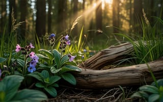 Картинка лес, солнце, ИИ, рабочий стол, HD, растительность, 2k, дикая природа, 1920х1080, флора, ботаника, спокойствие, гармония, трава, естественная красота, природа, свет и тень, экосистема, медуница, лесной пейзаж, зелень, экотон, цветение, древесина, 16:9, лесной уют, лесной подлесок, утренний свет, солнечные лучи, зелёный, дикие цветы, цветы, тени, лесной пол, нейросеть, 4k, природная эстетика, бревно