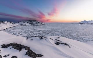 Картинка снег, гренландия кулусук, небо, закат, пейзажи, горизонт