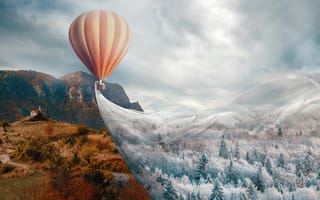 Обои воздушный шар, пейзажи, осень и зима, облака, сюрреализм