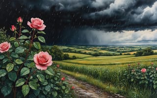Картинка розы, цветок, тёмные облака, пейзаж с розами, бутоны, дождливая погода, ливень, контраст, драматичное небо, сельскохозяйственные угодья, ИИ, растительность, листья, 4k, сельская дорога, сельский пейзаж, рабочий стол, лепестки, красота природы, погода, лето, зелёная трава, атмосферная сцена, природная сцена, роза под дождём, флора, сад, поля, 16:9, романтичный пейзаж, капли дождя, гроза, 2k, холмы, HD, нейросеть, ландшафт, 1920х1080