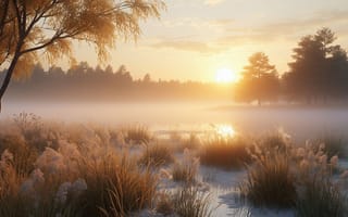 Картинка рассвет, туман, ИИ, болотная растительность, гармония, водоём, заря, светило, 16:9, солнце, отражение, осень, 1920х1080, роса, 2k, умиротворение, пейзаж, хвойный лес, естественная красота, берёза, прохлада, лес, рабочий стол, HD, нейросеть, утренний свет, природа, утренняя дымка, камыш, деревья, золотистые оттенки, золотистое сияние, 4k, трава, спокойствие, тишина, утренний пейзаж