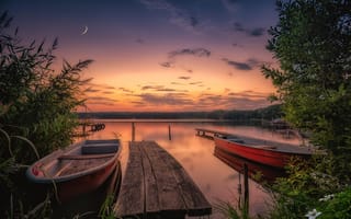 Картинка Йоркшир, Канада, пейзаж, озеро, лодка, пристань, деревья, закат