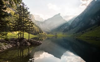 Картинка Швейцария, природа, река, солнечный свет, озеро, горы, пейзажи