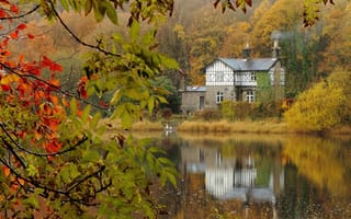 Картинка дом, осень, озеро, падение, расслабляющий, отражение