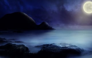 Картинка лунный свет, живописный, морской пейзаж, скалы, пейзажи, горизонт