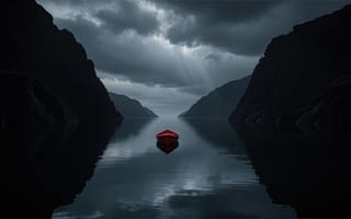 Картинка лодка, фьорд, свет, 2k, ущелье, красный цвет, одиночество, природа, загадочность, атмосфера, 16:9, темнота, нейросеть, спокойствие, 4k, тени, ИИ, 1920х1080, горизонт, HD, рабочий стол, горы, небо, глубина, лучи солнца, вода, облака, отражение, пейзаж, драматизм, водная гладь, скалы, минимализм, умиротворение, мрачность, контраст, тишина, композиция