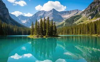 Картинка озеро, горы, хвойные деревья, природа, водоём, рабочий стол, национальный парк, alpine scenery, бирюзовая вода, ИИ, изумрудная вода, пейзаж, HD, вечнозелёные деревья, природная красота, остров, дикая местность, 1920х1080, хвойный лес, Скалистые горы, wilderness landscape, горная долина, 4k, ландшафт, 16:9, Канада, нейросеть, горный хребет, отражение, 2k, красота, умиротворение, лес, чистая вода, спокойствие, ели