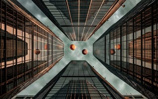 Картинка город, мегаполис, воздушные шары, 2k, окна, здания, сюрреализм, серый, урбанизм, 1920х1080, тучи, рабочий стол, высотки, симметрия, линии, облака, 4k, зеркало, фасады, колодец, медь, небо, отражение, футуризм, арт, архитектура, небоскребы, полет