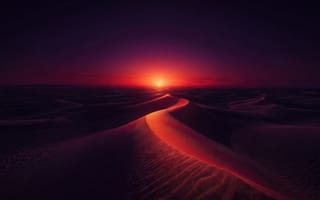 Картинка пустыня, Сахара, рельеф, рендеринг, сумерки, ночь, сияние, алый, 4k, облака, рассвет, природа, песок, арт, пк, одиночество, солнце, лучи, ИИ, тишина, пейзаж, фиолетовый, HD-, багровый, 2k, небо, минимализм, тепло, темнота, нейросеть, рабочий-стол, тени