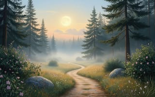 Картинка лес, тропинка, Луна, спокойствие, 2k, растительность, сосны, флора, камни, природная красота, утренний туман, HD, лесной пейзаж, нейросеть, свет луны, 16:9, туман, рабочий стол, ИИ, зелень, 4k, кустарники, хвойный лес, поляна, цветы, закат, дикая природа, природа, извилистая дорога, пейзаж, романтика природы, умиротворение, 1920х1080, эстетика природы, полная луна, хвойные деревья, рассвет