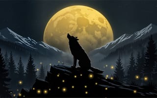 Картинка волк, Луна, звёздное небо, фауна, светлячки, дикая природа, одиночество, хвойный лес, природа, эстетика ночи, дикость, скала, полная луна, горы, рабочий стол, тишина, природная гармония, 16:9, горный пейзаж, ночной пейзаж, силуэт, романтика ночи, дикая местность, 2k, HD, таинственность, зверь, 1920х1080, ночь, мистика, вой, ИИ, лес, лунный свет, нейросеть, сумрак, 4k
