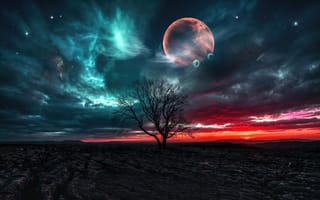 Картинка сюжет, пейзаж, 16:9, цифровой рисунок, HD, спутники, красный, каменистая почва, трещины, космос, нейросеть, одиночество, фантастика, ИИ, 4k, рабочий стол, контраст, закат, природа, сюрреализм, багровый, мистика, туманность, планета, пустыня, сияние