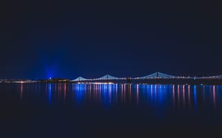 Картинка мост, огни, современная архитектура, ночь, отражение, город