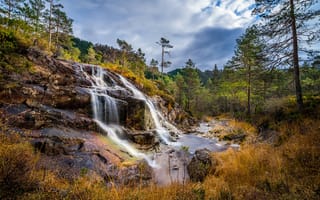 Картинка Norwegian Fall, лес, скалы, водопад