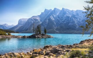 Картинка Озеро, пейзаж, Альберта, деревья, Minnewanka, Банф, горы, Канада