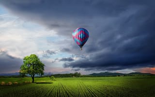 Картинка поле, деревья, тучи, воздушный шар