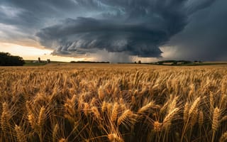 Картинка природа, пейзаж, 4k, рабочий стол, деревья, нейросеть, цифровой арт, тучи, буря, ИИ, грозовое облако, ливень, шторм, пшеница, ферма, эпично, солнце, для ПК, колосья, облака, рендеринг, 2k, закат, атмосфера, смерч, горизонт, дождь, драма, 1920х1080
