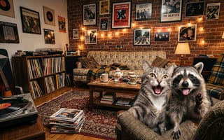 Картинка кот, кошка, арт, котенок, комната, книги, лампочки, енот, интерьер, 4k, кирпичная стена, узоры, HD, полки, забавные животные, подушки, для ПК, постеры, гирлянда, питомцы, ковер, животные, плед, уют, кофейный столик, стеллаж, виниловые пластинки, плакаты