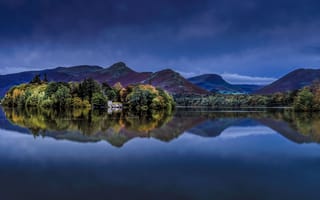 Картинка Lake District National Park, отражение, озеро, Озёрный край, деревья, лес, пейзаж, Великобритания, сумерки