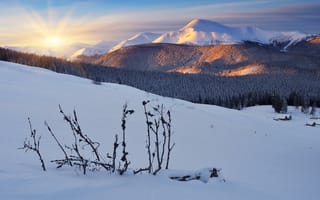 Картинка зима, пейзаж, горы, деревья, закат, снег, сугробы