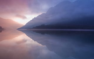 Картинка река, восход солнца, отражение, горы, туман, пейзажи