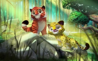 Картинка лес, цветы, мультфильмы, детеныш, произведение искусства, мультяшные тигры