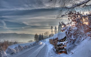 Картинка зима, дрова, пейзаж, деревья, дорога, закат