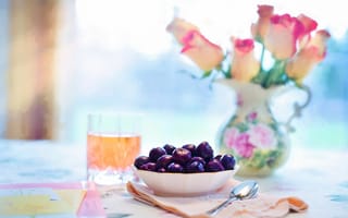Картинка чаша с вишнями, цветы, розовый, красочный, весна, лепесток, завтрак, живописи, лето, на месте жизни, цветок, еда, напитки, вишня, цвет
