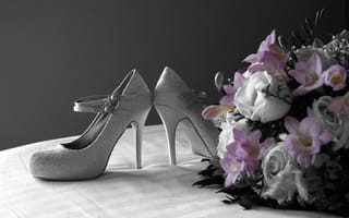 Картинка обувь, праздник, букет, любовь, сиреневый, туфли, срезанные цветы, натюрморт-съёмка, букет цветов, обувь на высоком каблуке, уличная обувь, романтика, букет невесты, флористика, организация цветов, цветы