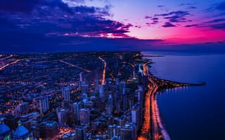 Картинка фото с высоты, Чикаго, закат, огни, дорога, ночной город, сша, город, городской пейзаж, вид сверху, облака