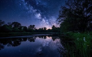 Картинка звёздное небо, Млечный Путь, 7к, россыпь звёзд, 2k, 16:9, зеркальное отражение, сумеречные оттенки, тёмные силуэты деревьев, 4k, природная гармония, 1920х1080, нейросеть, HD, ночное небо, спокойная водная гладь, ночной пруд, рабочий стол, плавный градиент неба, густая листва, ИИ, белые соцветия, глубокий синий цвет, фиолетовые тона, линия горизонта, высокая трава, полевые цветы, лесистый берег, таинственная атмосфера