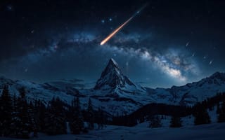 Картинка горы, пик, галактика, вспышка, HD-, рабочий-стол, космос, сияние, астро, снег, звезды, маттерхорн, альпы, огонь, 1920х1080, панорама, ночь, ИИ, величественно, падающая-звезда, нейросеть, искры, небо, зима, темнота, арт, млечный-путь, 4k, пейзаж, лес, пк